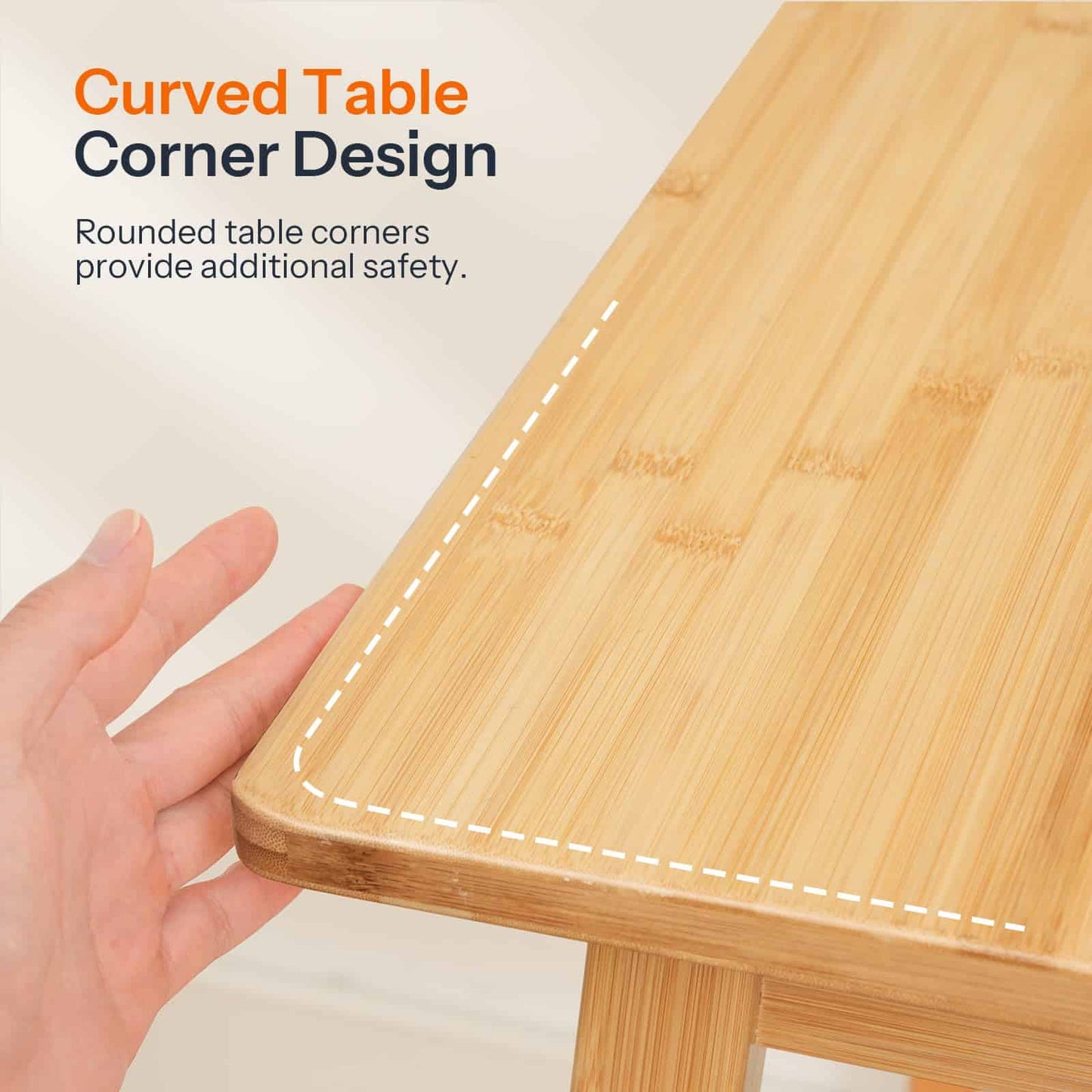 Close-up of the smooth curved table corner design highlighting the child-friendly rounded edge for added safety.
