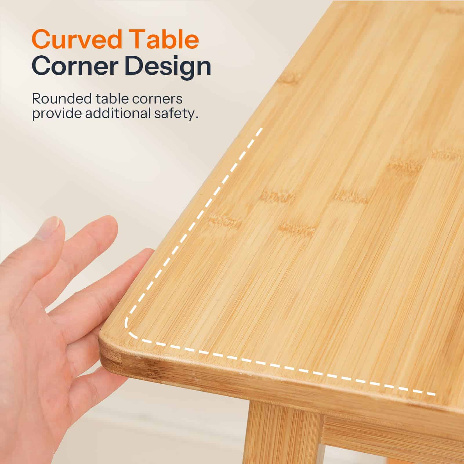 Close-up of the smooth curved table corner design highlighting the child-friendly rounded edge for added safety.