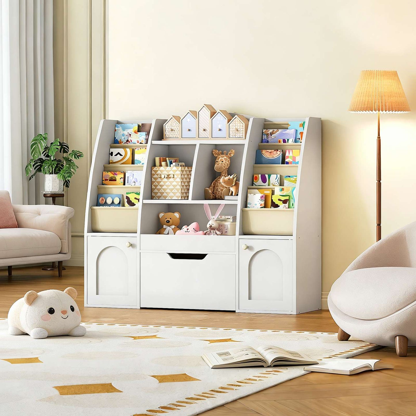 Childrens storage bookcase styled in a bedroom corner next to a small chair and lamp.