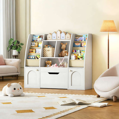 Childrens storage bookcase styled in a bedroom corner next to a small chair and lamp.