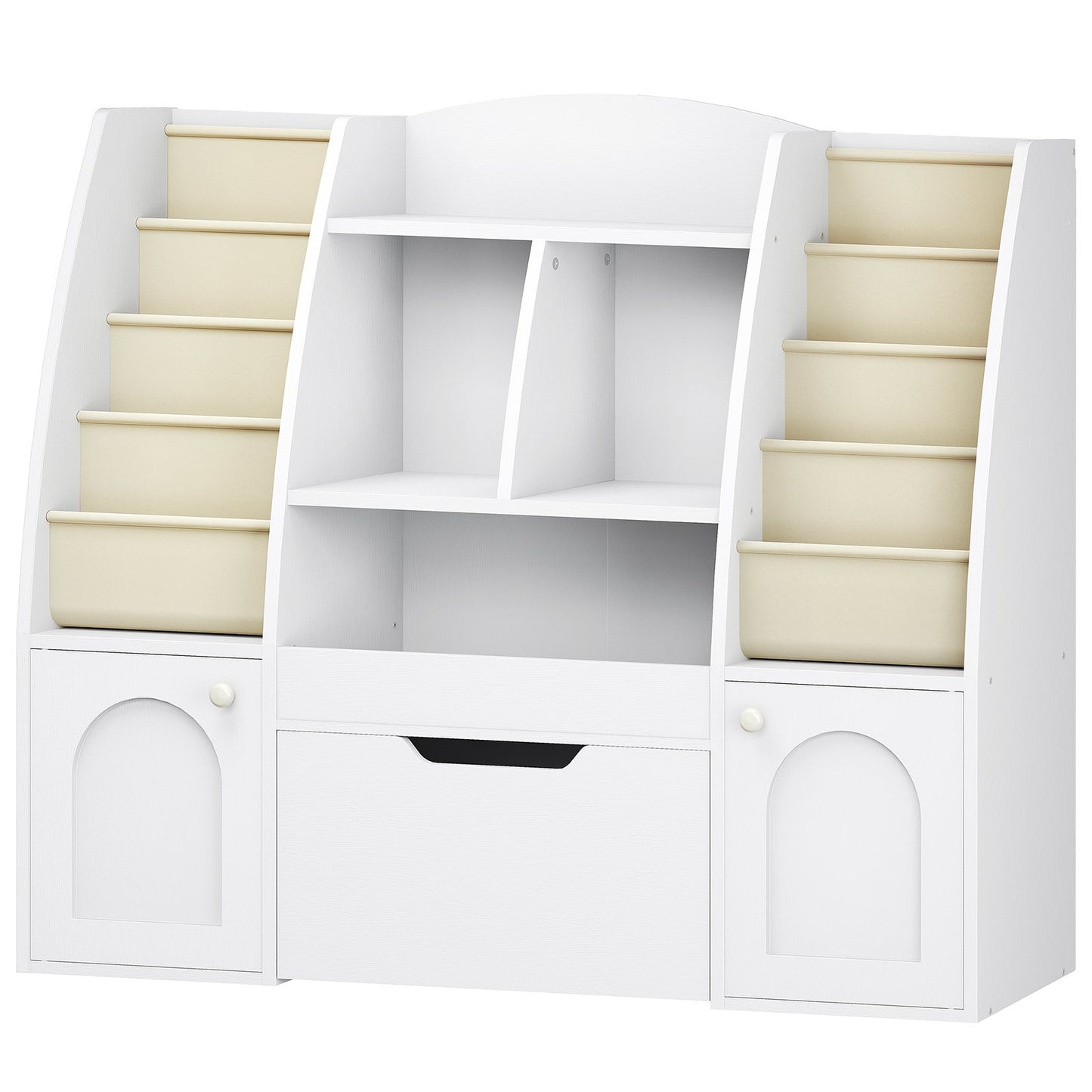 Isolated front view of an empty white multi-functional childrens bookcase with doors and a drawer.