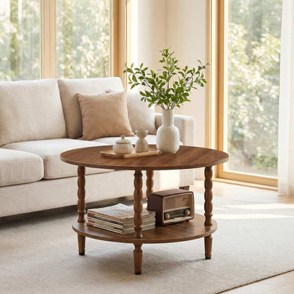 Classic wooden center table styled in a sunlit living room setup with a large window and sofa.