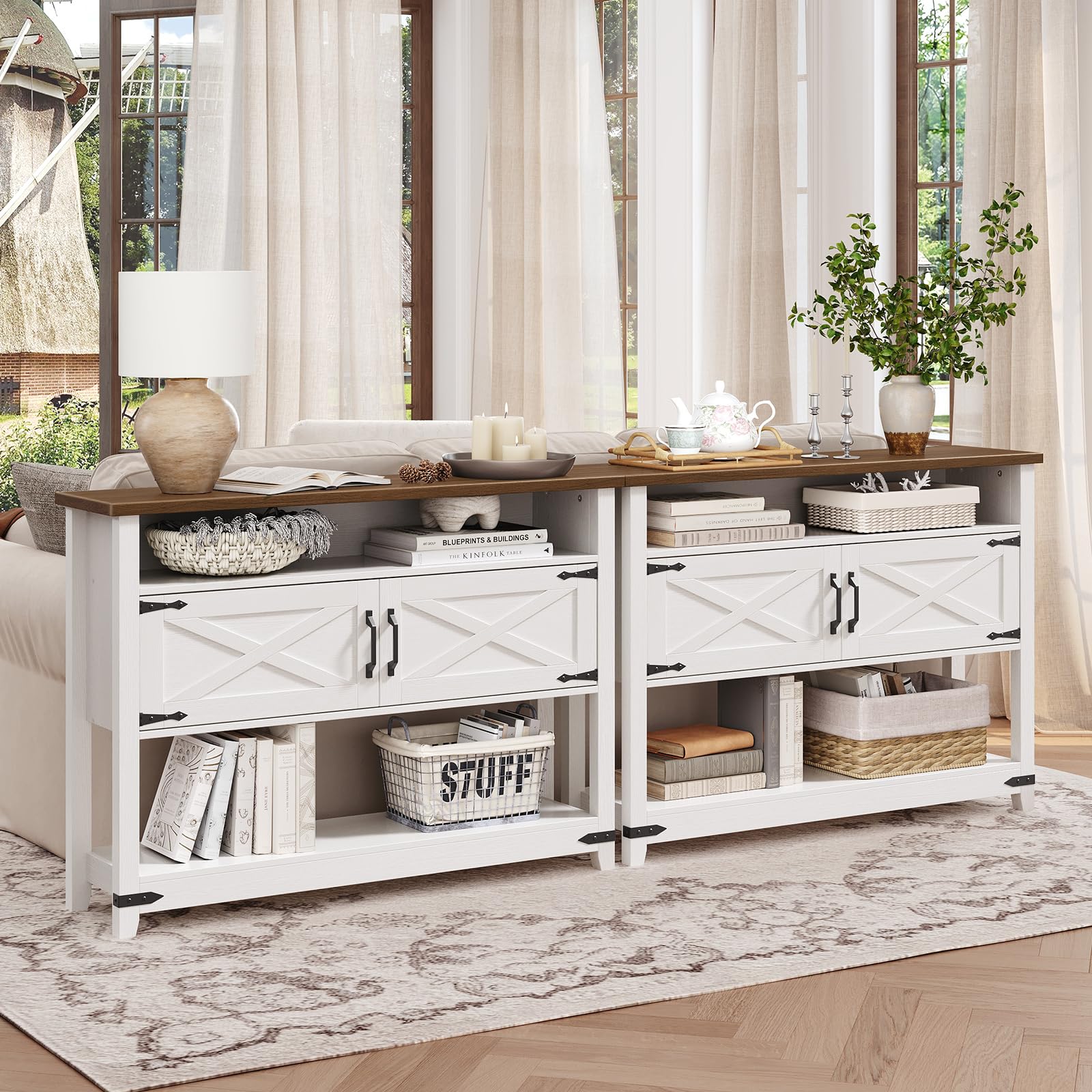 Two HOOBRO entry tables combined together to create a long credenza TV stand by the window