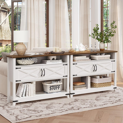 Two HOOBRO entry tables combined together to create a long credenza TV stand by the window