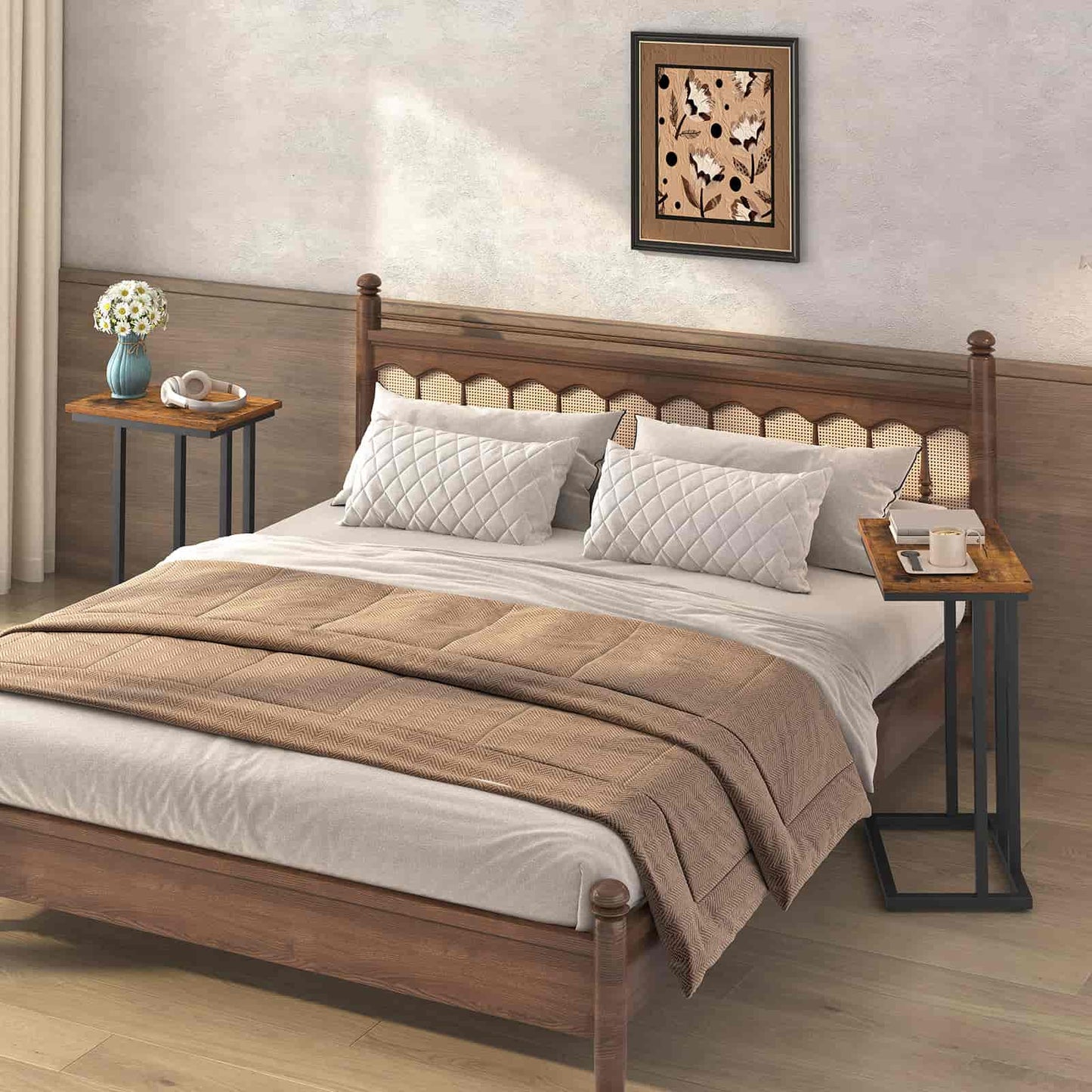 Wooden bed with white bedding and a brown throw blanket in a bedroom setting.