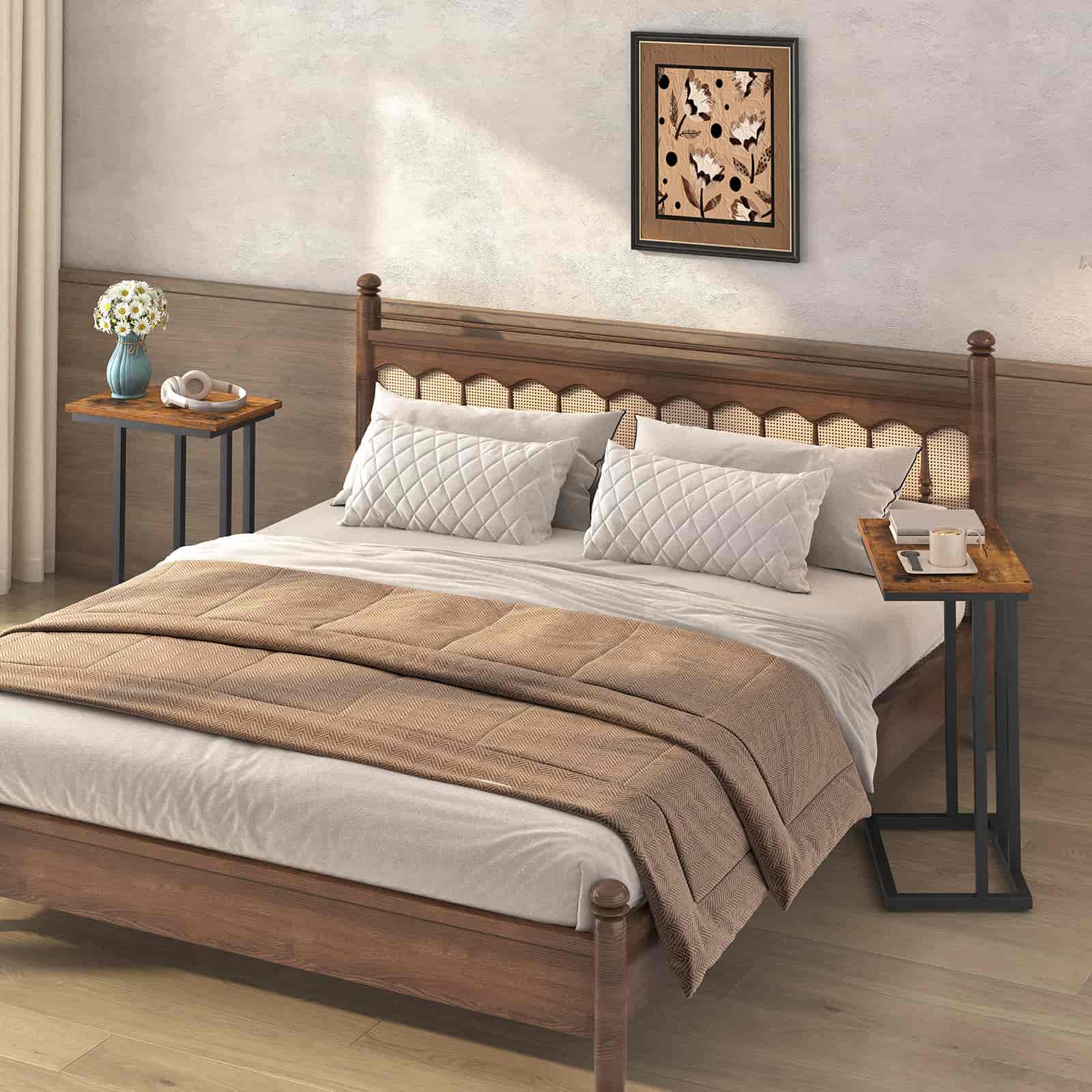 Wooden bed with white bedding and a brown throw blanket in a bedroom setting.