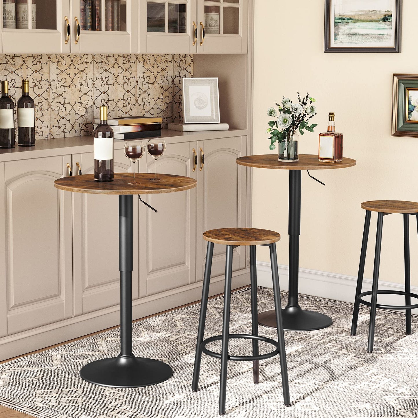 Two pieces of HOOBRO compact cafe bistro tables arranged in a modern restaurant dining lounge next to a bench.