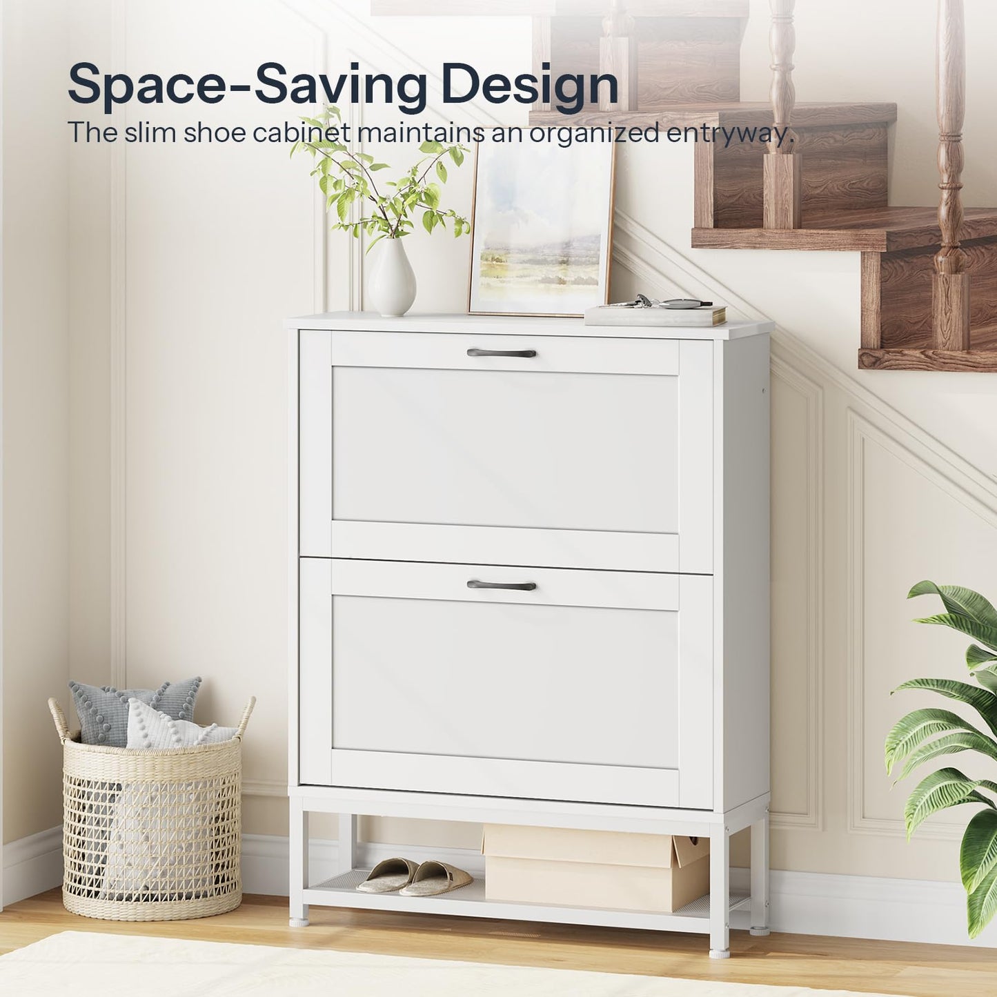 Compact hidden shoe organizer cabinet with a slim profile fitted into a narrow hallway next to stairs.