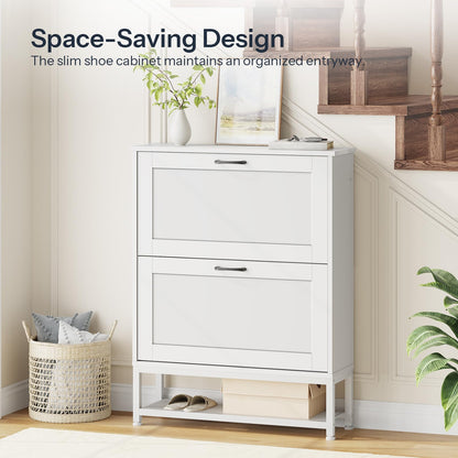 Compact hidden shoe organizer cabinet with a slim profile fitted into a narrow hallway next to stairs.