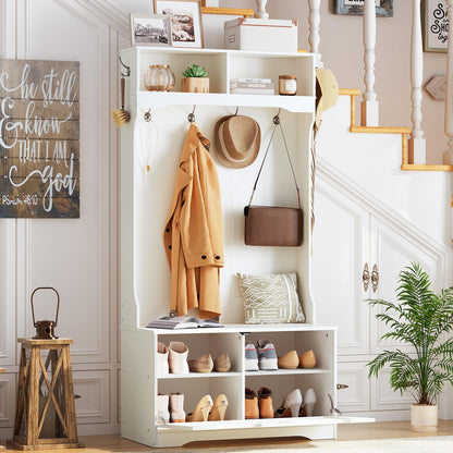 Compact mudroom coat rack tower with an open shoe drawer fitted perfectly next to a staircase corridor.