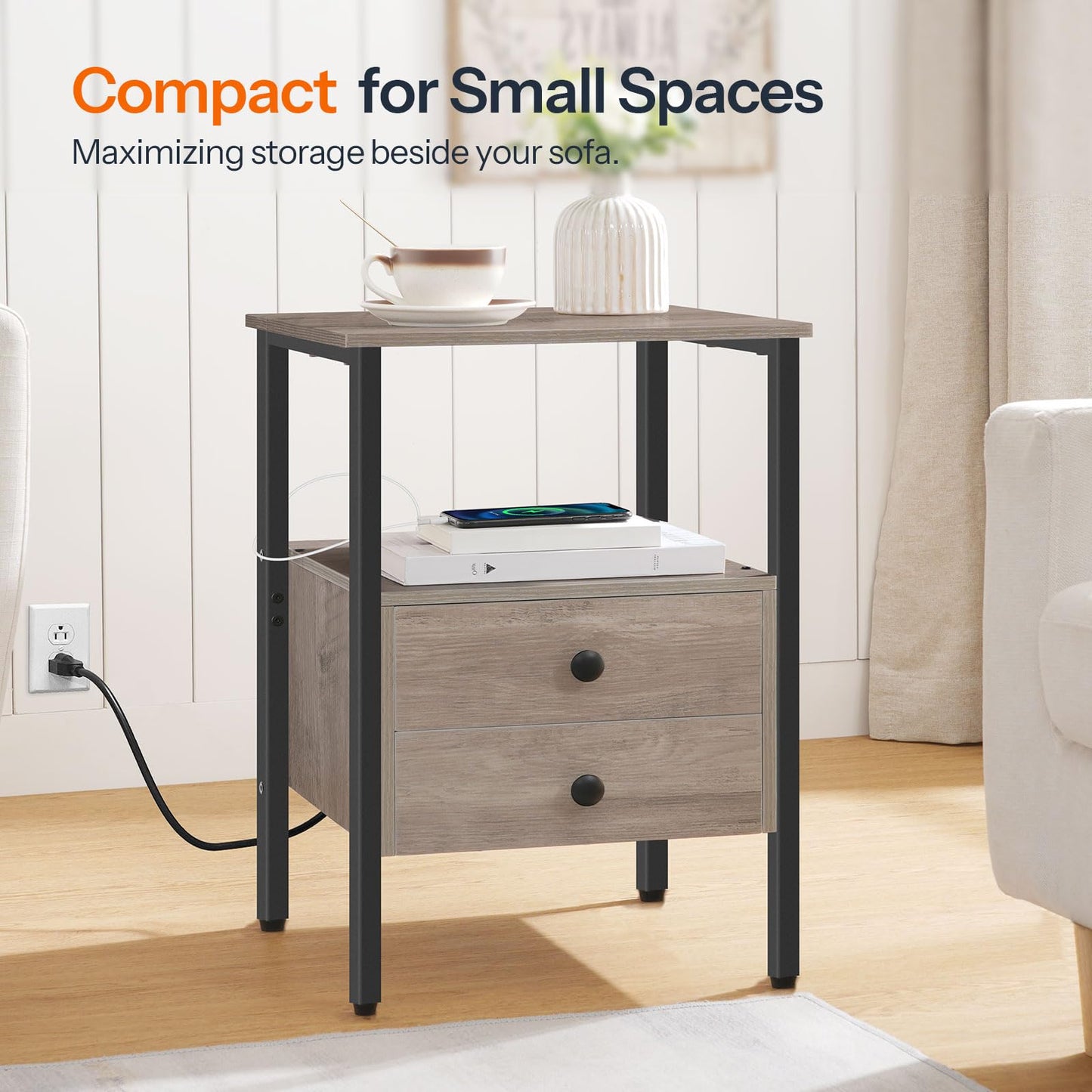 Compact side table with drawers optimizing a tight hallway corner space