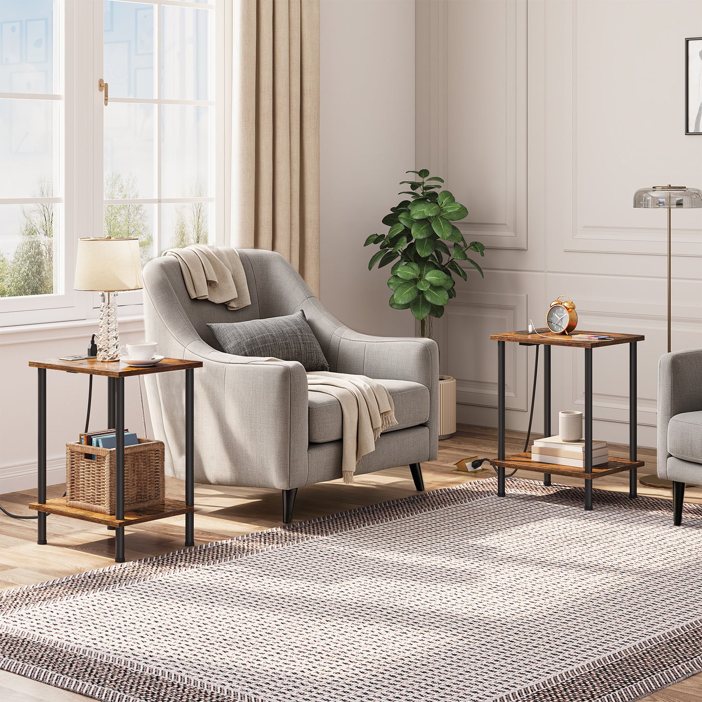 Two pieces of HOOBRO compact sofa side tables arranged in a living room seating zone next to an armchair.