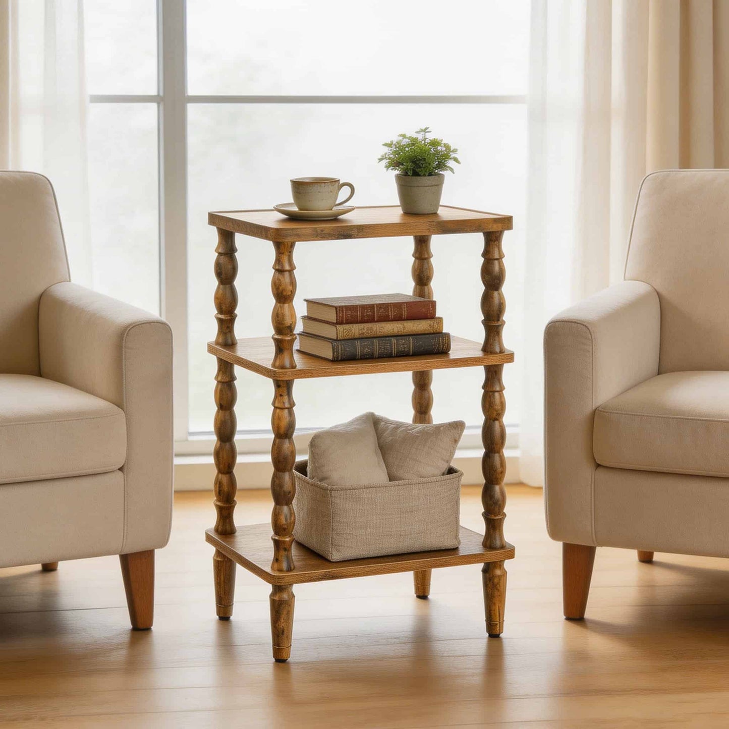 Compact space-saving wooden accent table placed perfectly between two armchairs in a well-lit living room.