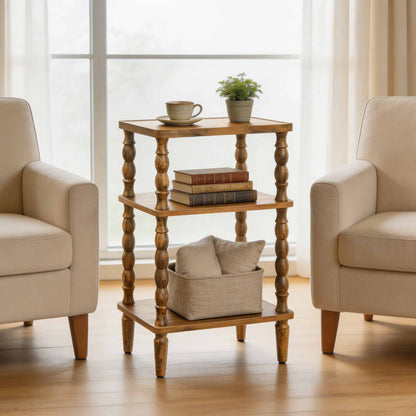 Compact space-saving wooden accent table placed perfectly between two armchairs in a well-lit living room.