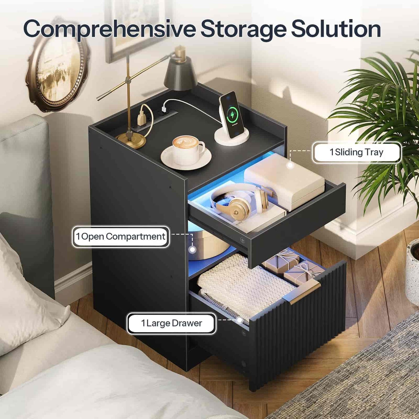 Black nightstand with storage compartments labeled in a bedroom setting