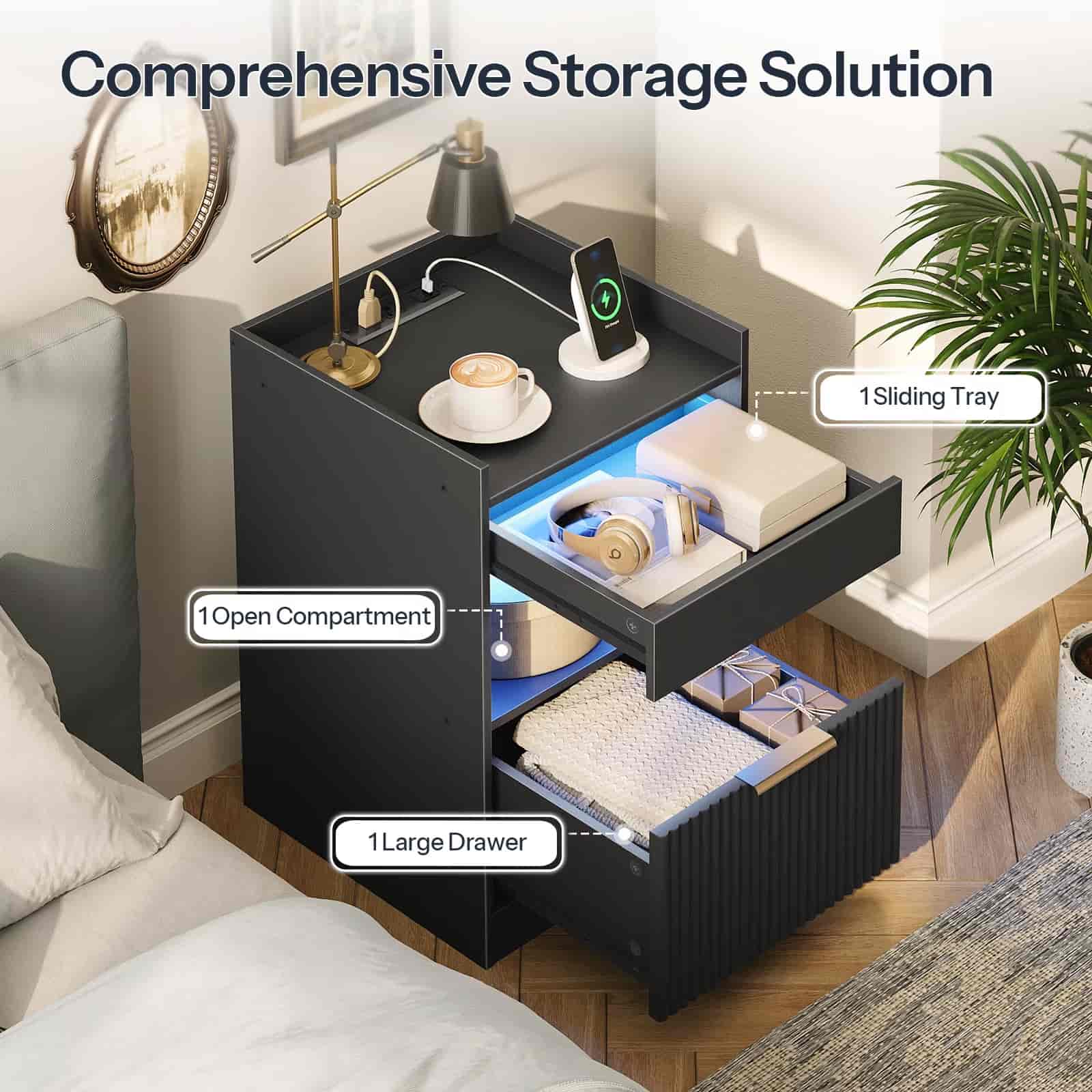 Black nightstand with storage compartments labeled in a bedroom setting