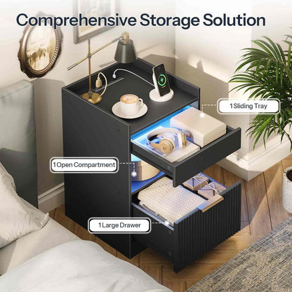 Black nightstand with storage compartments labeled in a bedroom setting