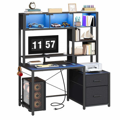  Black computer desk with a built-in LED glass display cabinet, hutch, file drawers, and printer shelf.