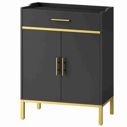 Front view of a contemporary closed matte black shoe cupboard supported by sleek, tapered gold metal legs.