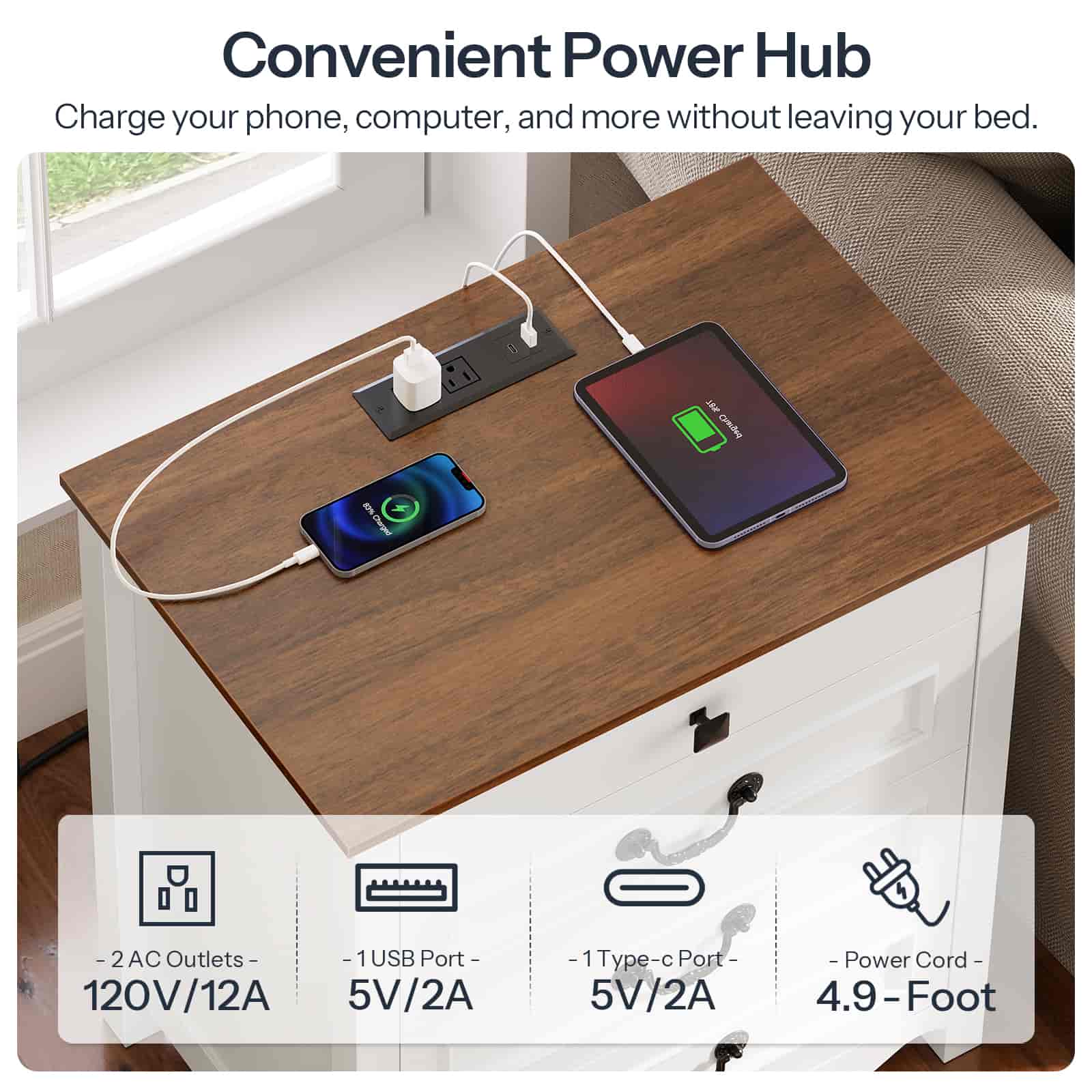 Power hub charging a phone and tablet on a wooden nightstand with specifications displayed.