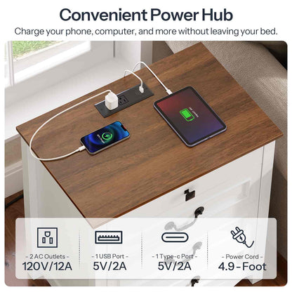 Power hub charging a phone and tablet on a wooden nightstand with specifications displayed.