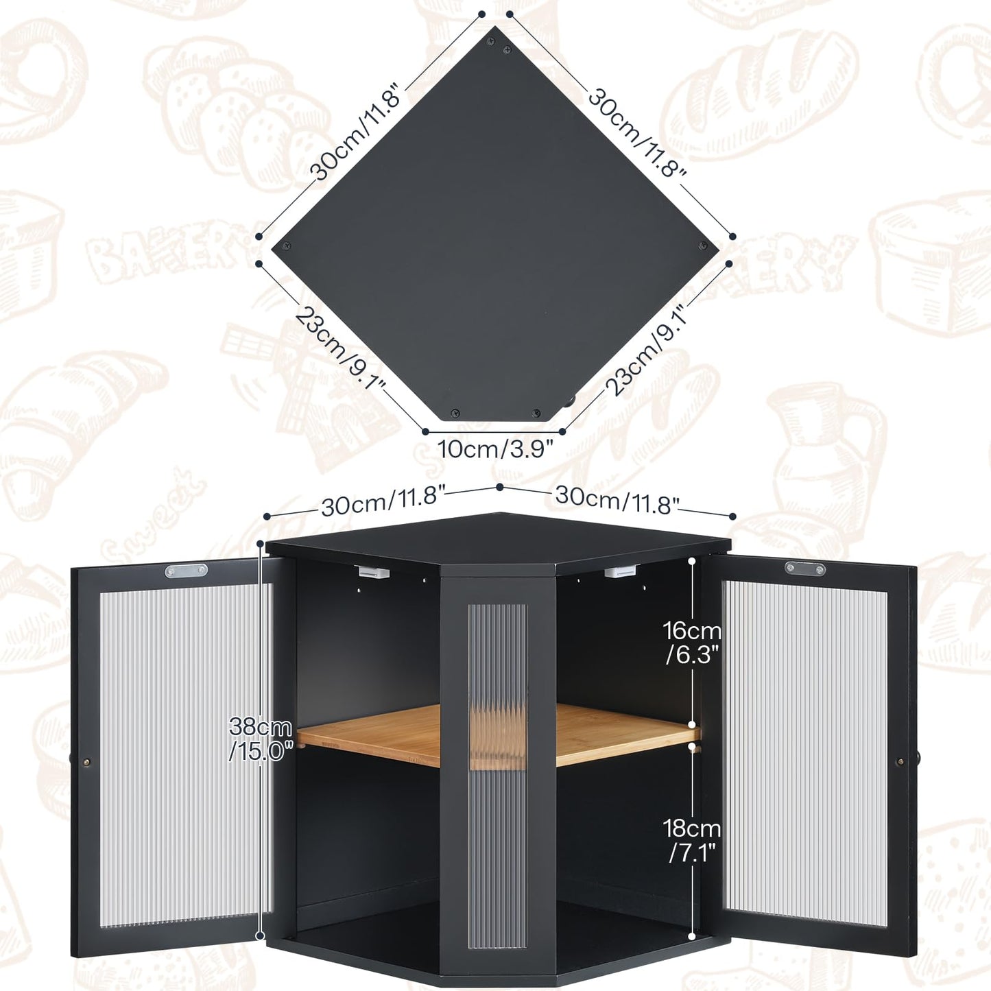 Detailed product size diagrams for the corner kitchen countertop organizer measuring 11.8 by 11.8 by 15 inches.