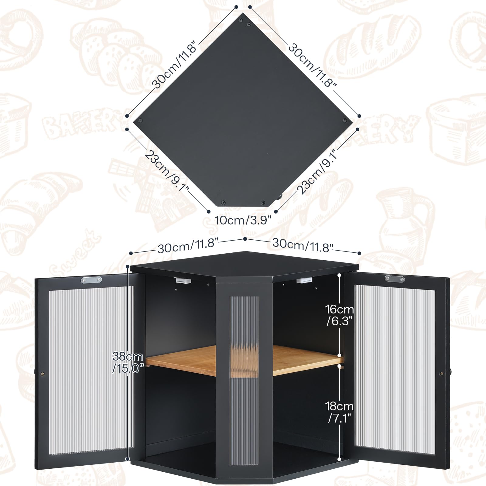 Detailed product size diagrams for the corner kitchen countertop organizer measuring 11.8 by 11.8 by 15 inches.