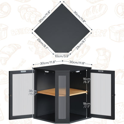 Detailed product size diagrams for the corner kitchen countertop organizer measuring 11.8 by 11.8 by 15 inches.