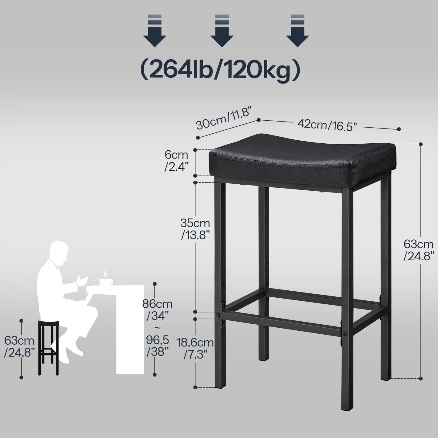 Size dimensions and 120kg weight capacity diagram for the black counter height saddle bar stool.