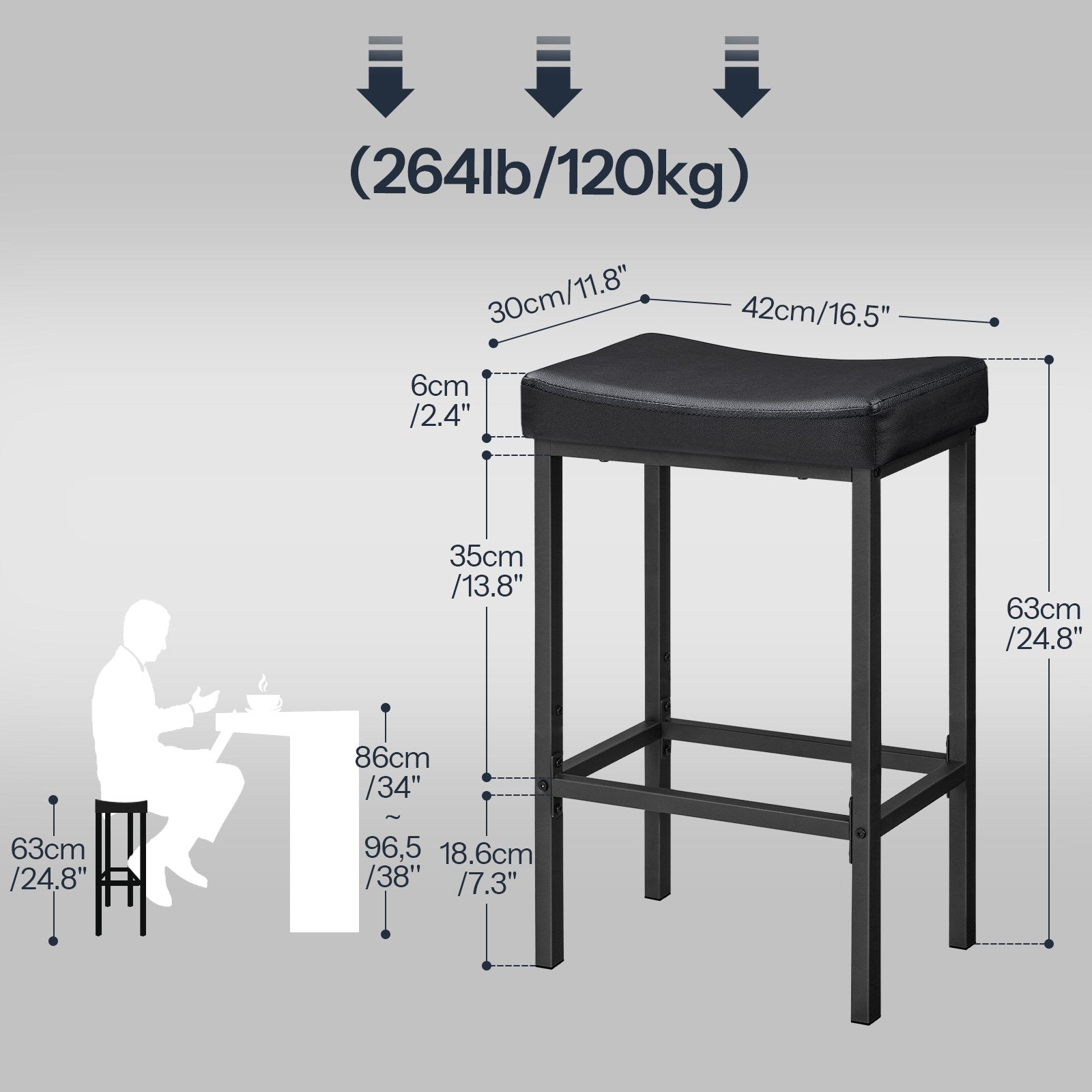 Size dimensions and 120kg weight capacity diagram for the black counter height saddle bar stool.