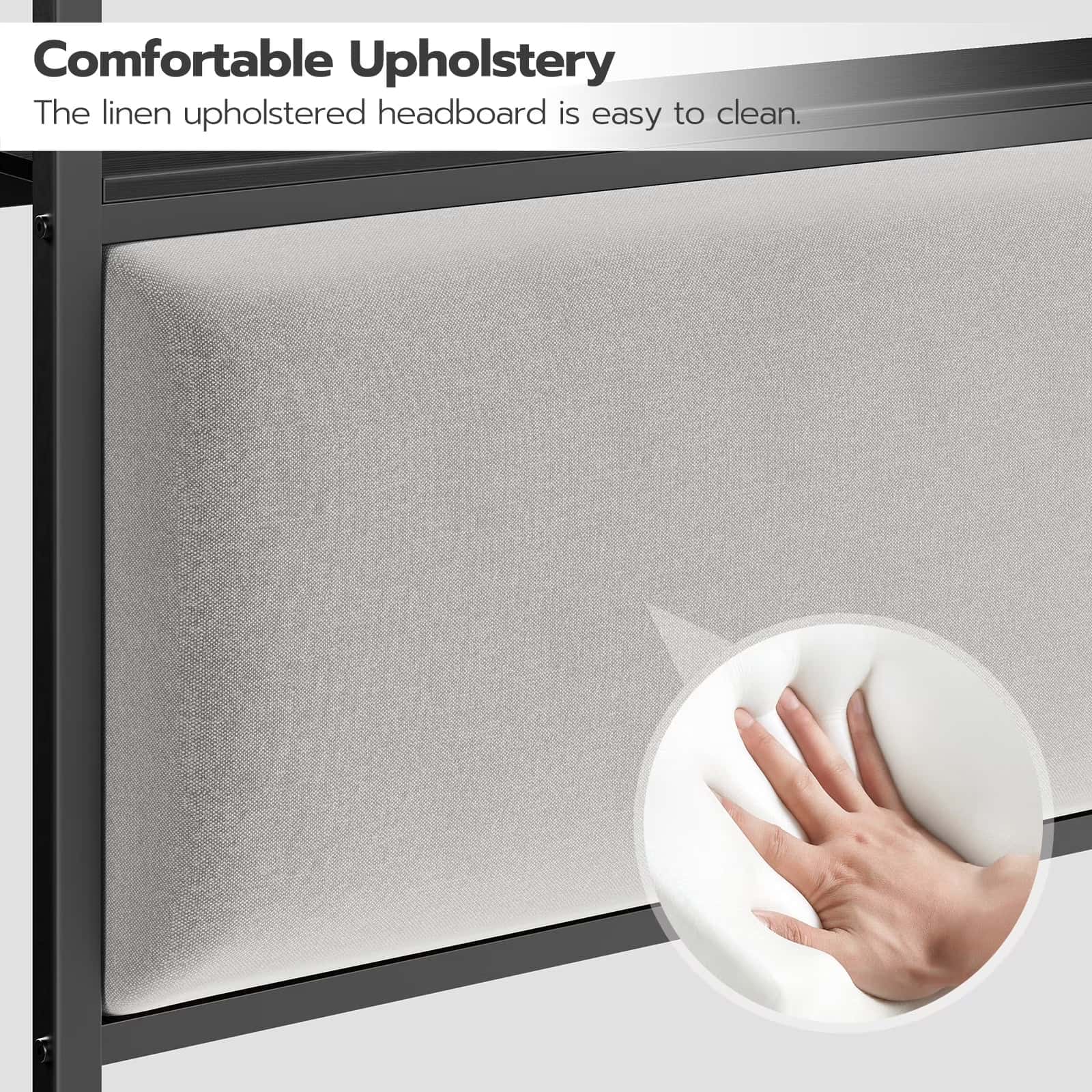 Linen upholstered headboard with a hand demonstrating ease of cleaning.
