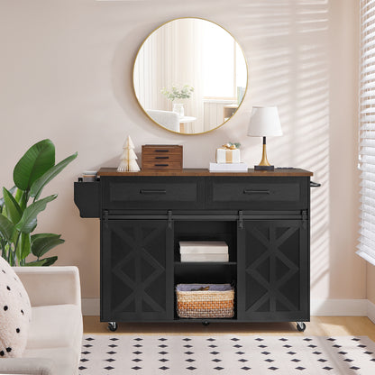 HOOBRO Open-Pack Movable Barn Door Kitchen Island with Power Outlet