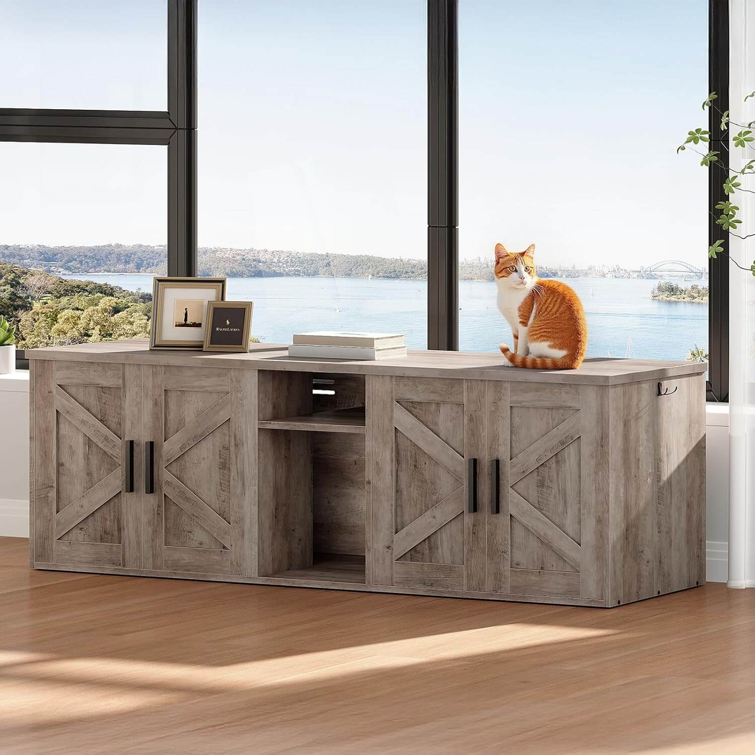 Wooden desk with barn door design in a room with large windows overlooking a scenic view.