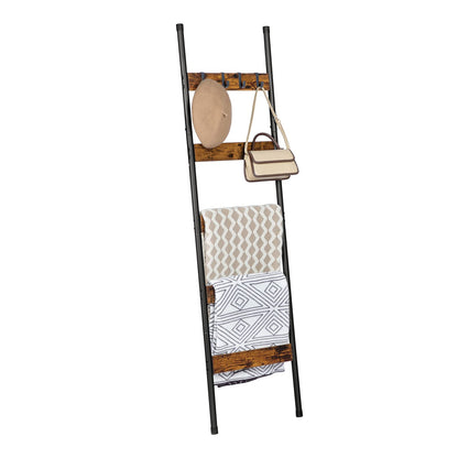 Decorative wood ladder for quilts and throws showing side hanging hooks and accessory storage.