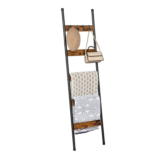 Decorative wood ladder for quilts and throws showing side hanging hooks and accessory storage.