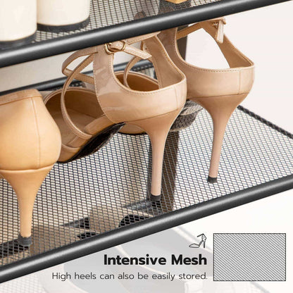 Beige high-heeled shoes on a shoe rack with 'Intensive Mesh' feature highlighted.