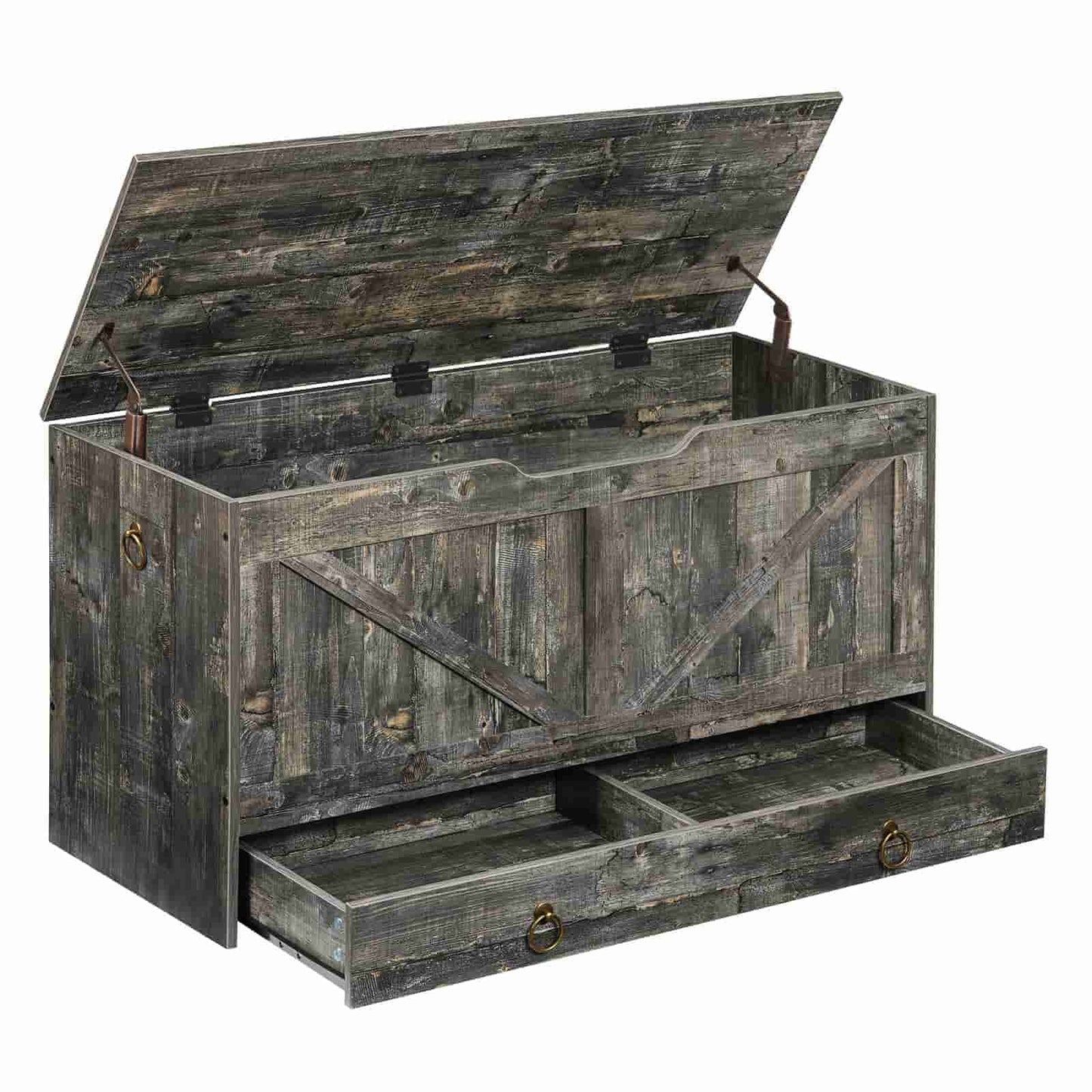 Angled view of an empty distressed charcoal grey wooden storage bench with its safety hinge lid wide open.