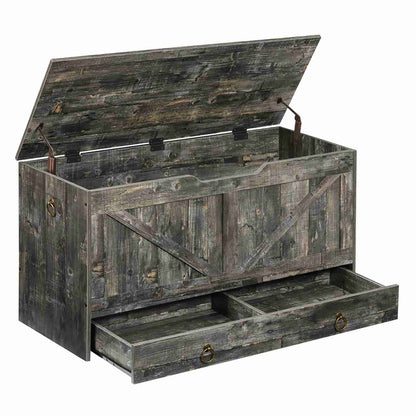 Angled view of an empty distressed charcoal grey wooden storage bench with its safety hinge lid wide open.