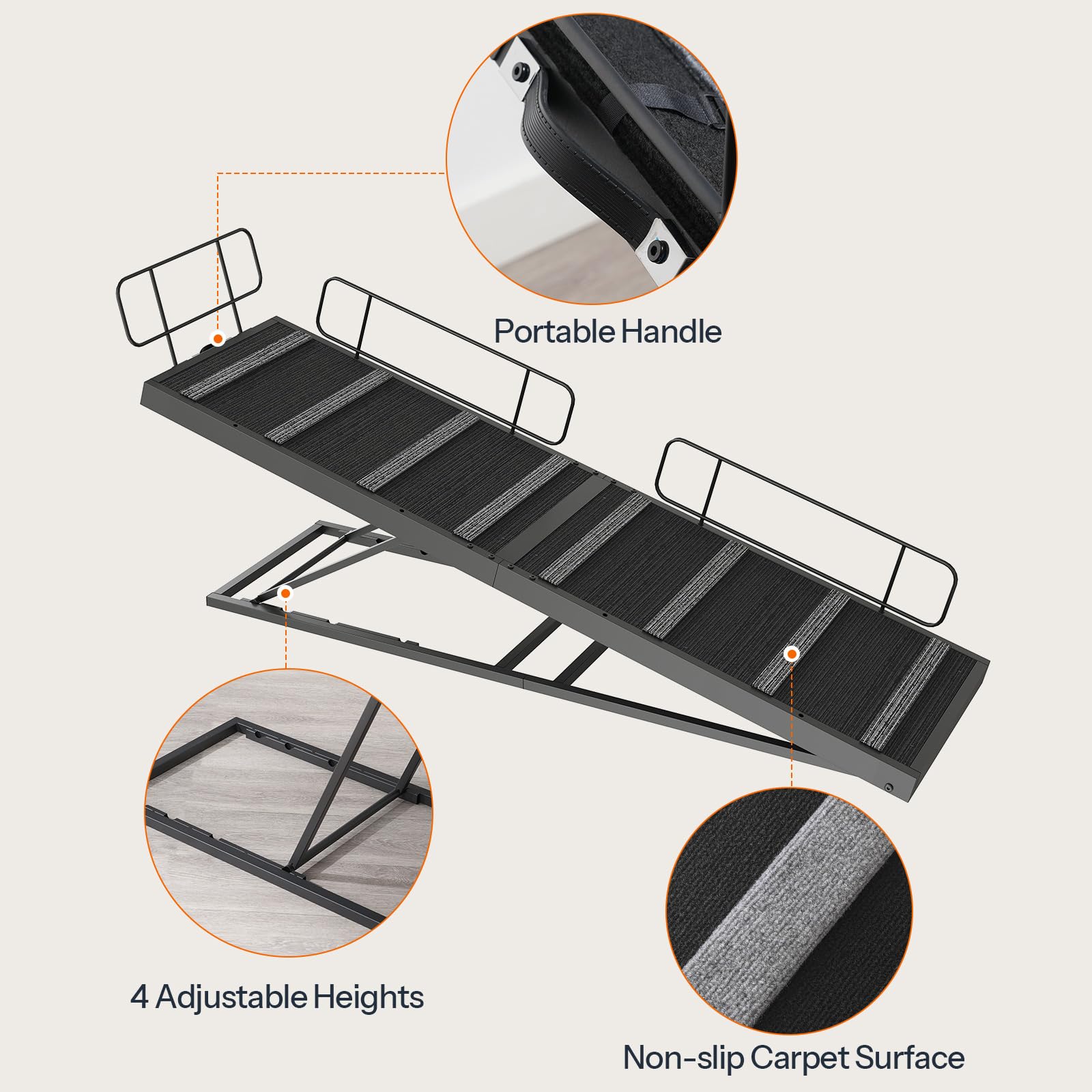 Close-up details of HOOBRO dog ramp featuring non-slip carpet surface, portable carrying handle, and safety bottom.