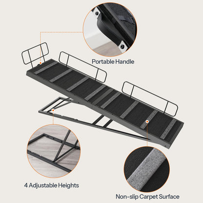 Close-up details of HOOBRO dog ramp featuring non-slip carpet surface, portable carrying handle, and safety bottom.