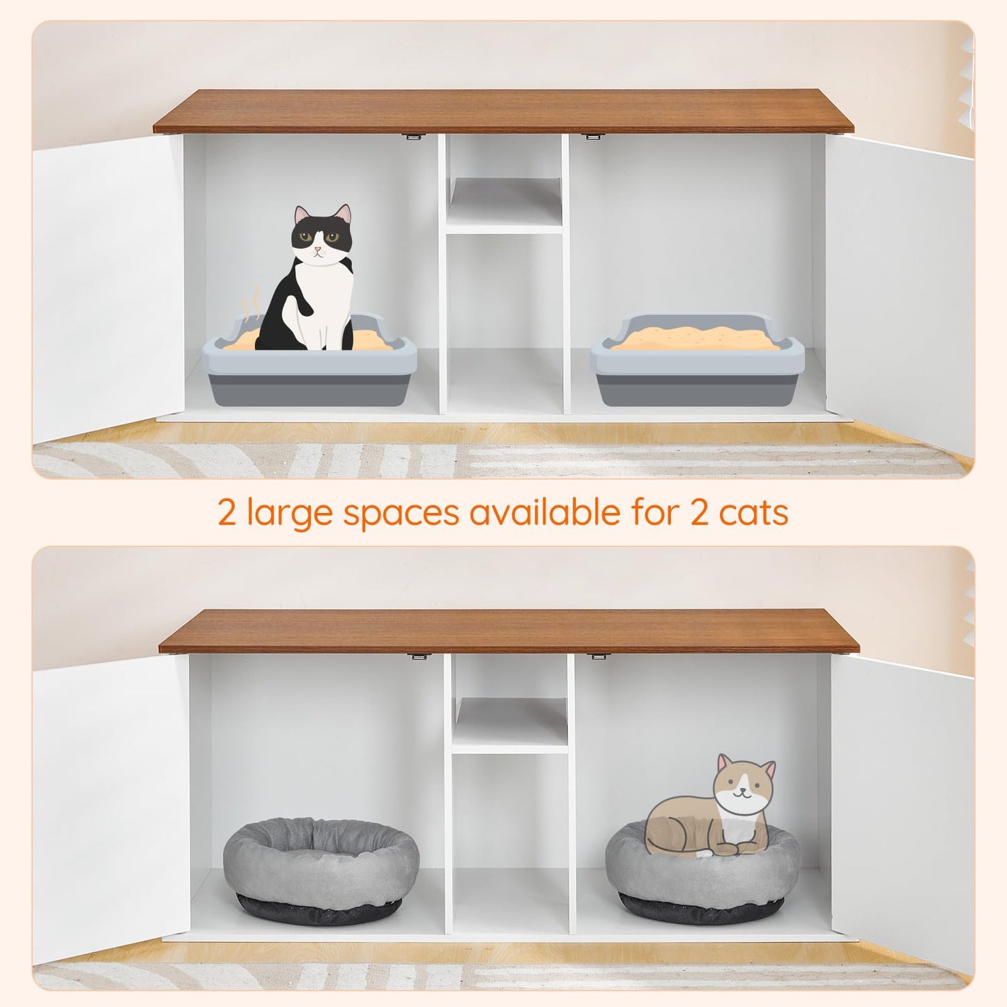 Two panel collage showing the spacious double compartment cat house interior holding two cats and sleeping mats.