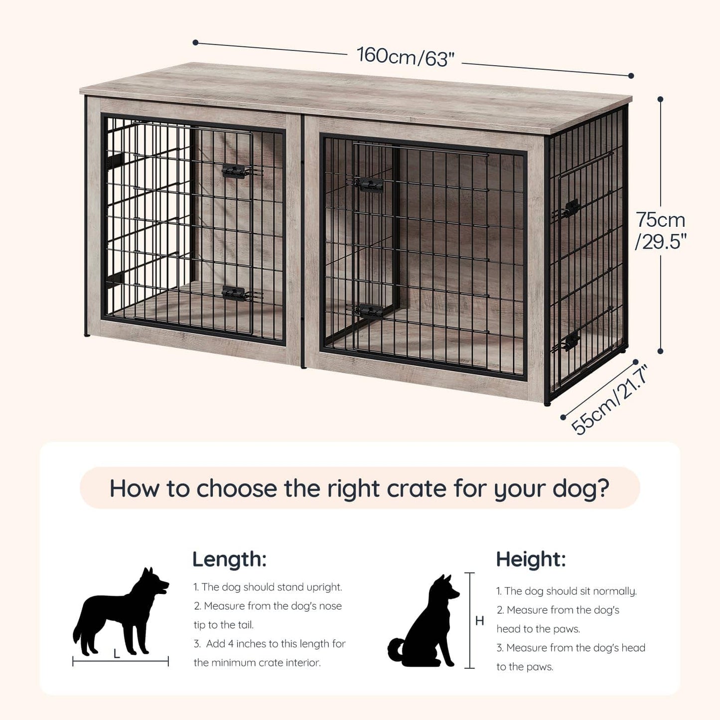 A dog crate with dual wire mesh compartments and a wood-look top, shown with dimension lines indicating 160 cm length and 75 cm height. Below, a beige panel includes sizing guidance with dog silhouette illustrations and measurement instructions.
