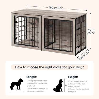 A dog crate with dual wire mesh compartments and a wood-look top, shown with dimension lines indicating 160 cm length and 75 cm height. Below, a beige panel includes sizing guidance with dog silhouette illustrations and measurement instructions.