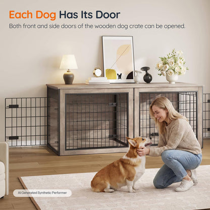 A woman kneels on a rug in a living room, petting a corgi dog while a wooden crate with black metal doors stands behind her. Text at the top says the crate has both front and side doors that can be opened.