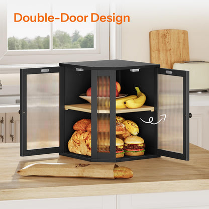 Double-door design of a black bamboo bread box showing ample space filled with bread, croissants, and fruit.