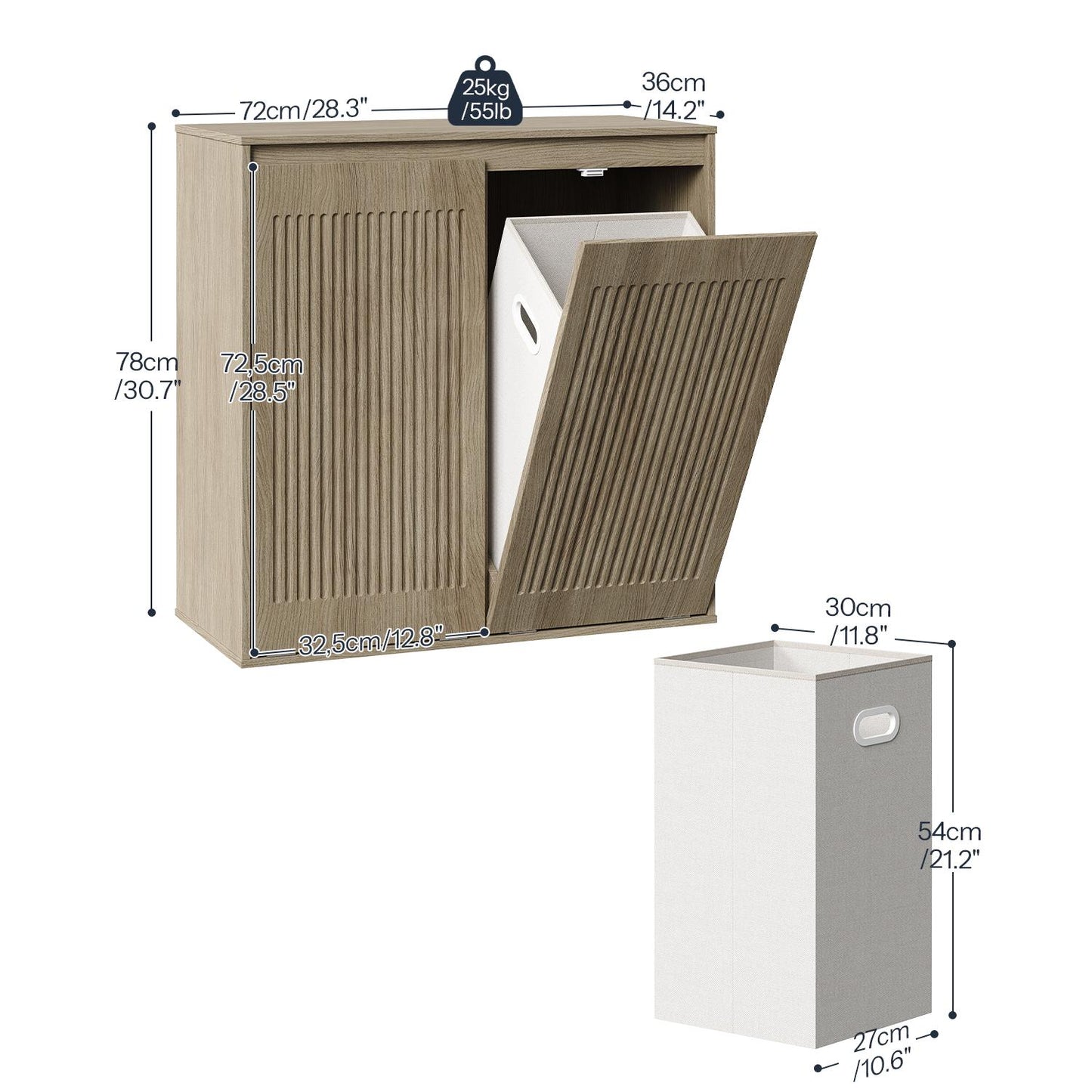 Detailed size dimensions and capacity chart for the double tilt-out laundry hamper cabinet and removable bags.