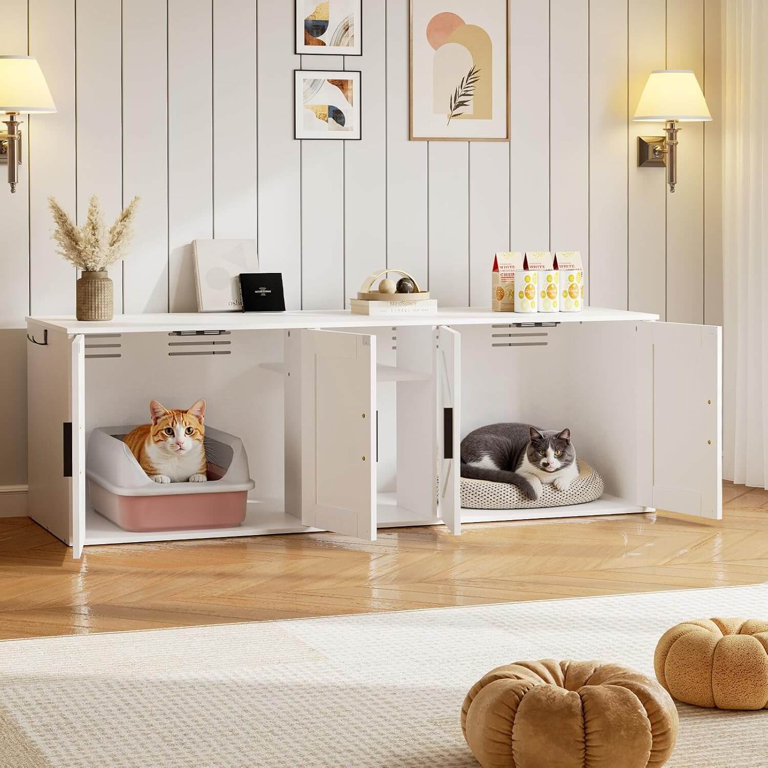 Two cats inside a modern white pet enclosure with a stylish interior design.