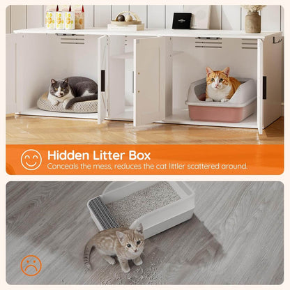 Hidden litter box system with cats inside and on a wooden floor.