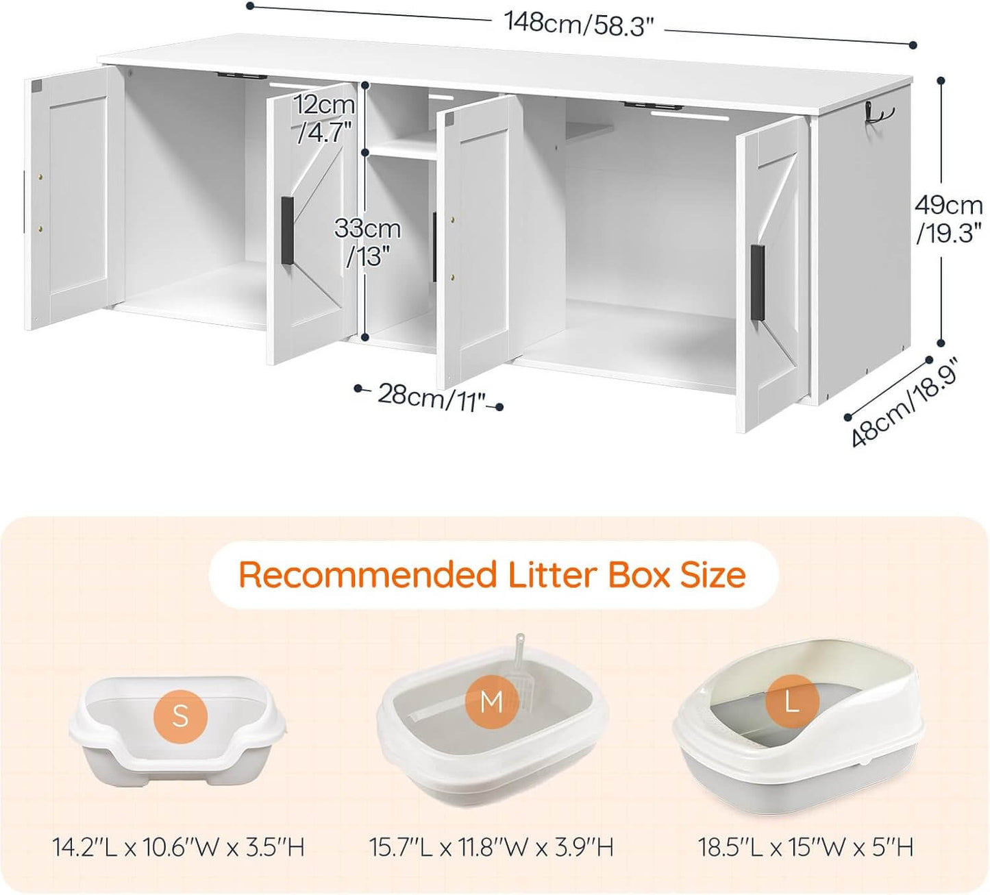White corner cabinet with dimensions and recommended litter box size chart on a beige background