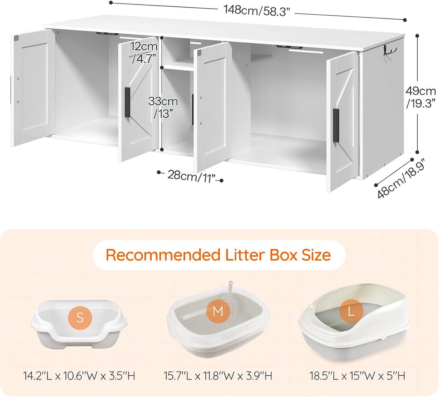 White corner cabinet with dimensions and recommended litter box size chart on a beige background